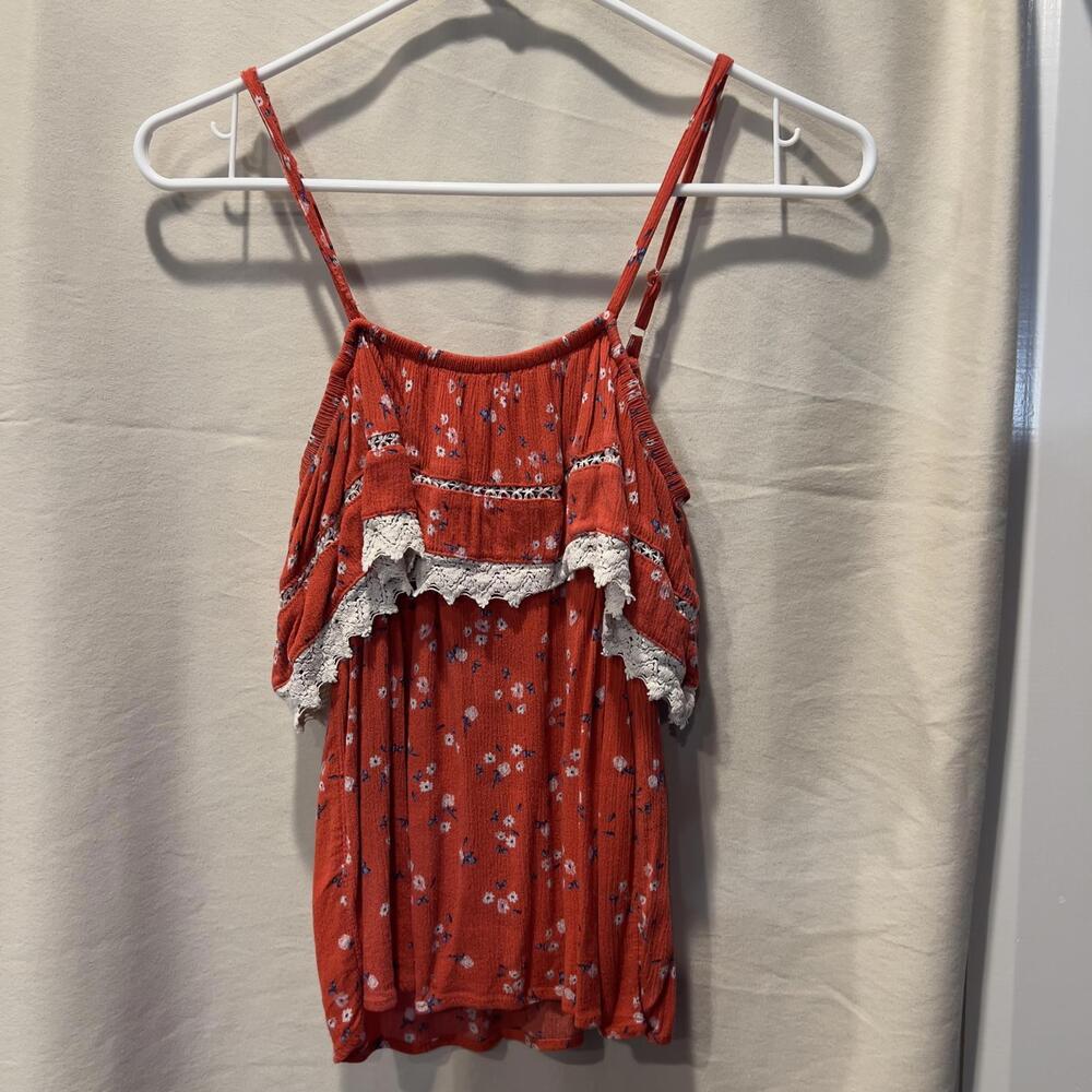 No Boundaries Red Floral Spaghetti Strap Top with Lace Trim,